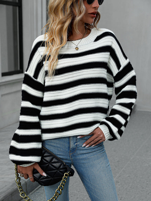 Sweaters- Stripe Knit Lantern Sleeve Oversized Sweater Jumper- - Pekosa Women Clothing