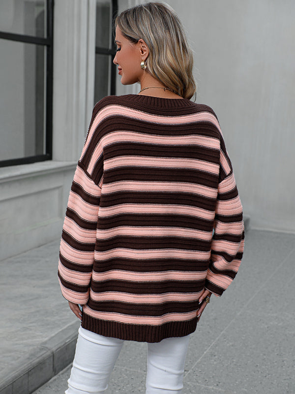 Sweaters- Stripe Knit Lantern Sleeve Oversized Sweater Jumper- - Pekosa Women Clothing