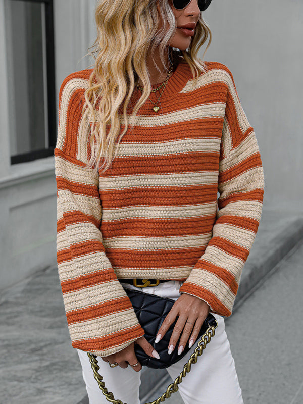 Sweaters- Stripe Knit Lantern Sleeve Oversized Sweater Jumper- - Pekosa Women Clothing