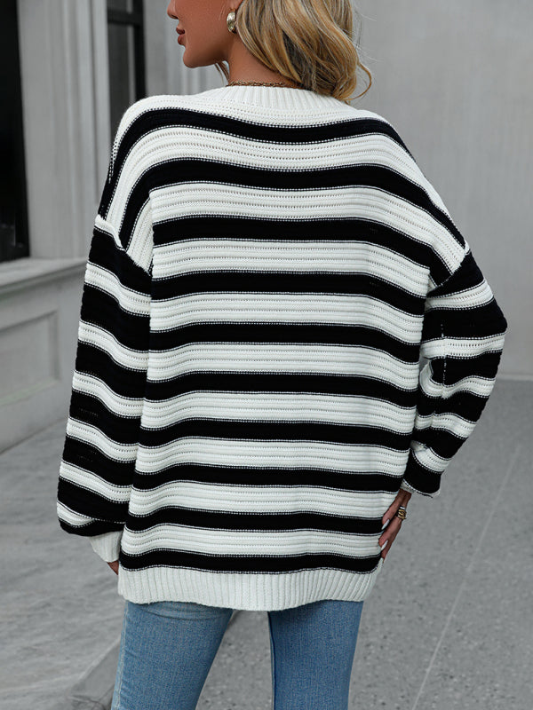 Sweaters- Stripe Knit Lantern Sleeve Oversized Sweater Jumper- - Pekosa Women Clothing