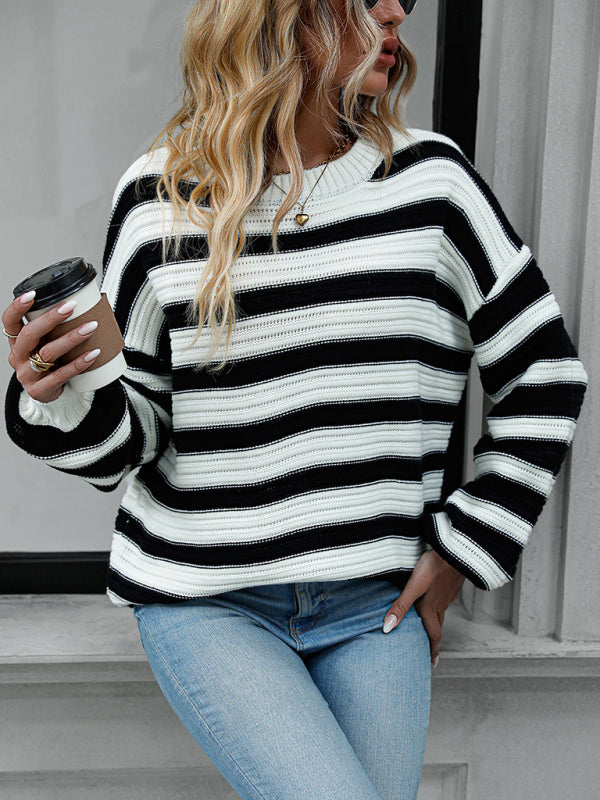 Sweaters- Stripe Knit Lantern Sleeve Oversized Sweater Jumper- - Pekosa Women Clothing