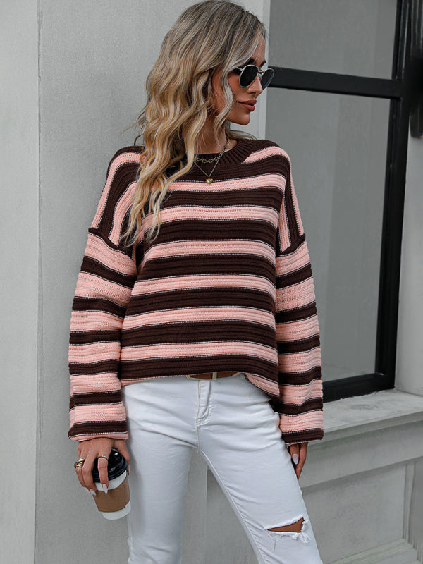 Sweaters- Stripe Knit Lantern Sleeve Oversized Sweater Jumper- - Pekosa Women Clothing