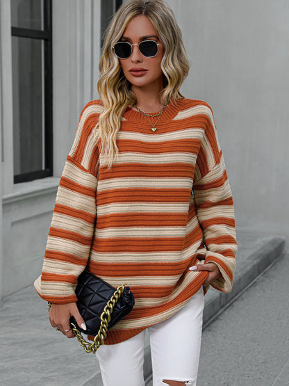 Sweaters- Stripe Knit Lantern Sleeve Oversized Sweater Jumper- - Pekosa Women Clothing