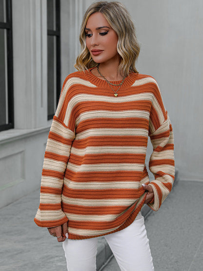 Sweaters- Stripe Knit Lantern Sleeve Oversized Sweater Jumper- - Pekosa Women Clothing