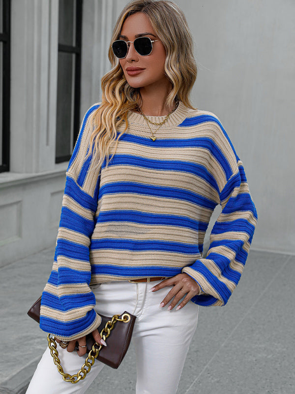 Sweaters- Stripe Knit Lantern Sleeve Oversized Sweater Jumper- - Pekosa Women Clothing