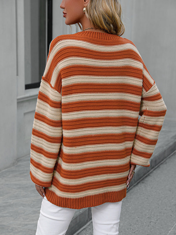 Sweaters- Stripe Knit Lantern Sleeve Oversized Sweater Jumper- - Pekosa Women Clothing