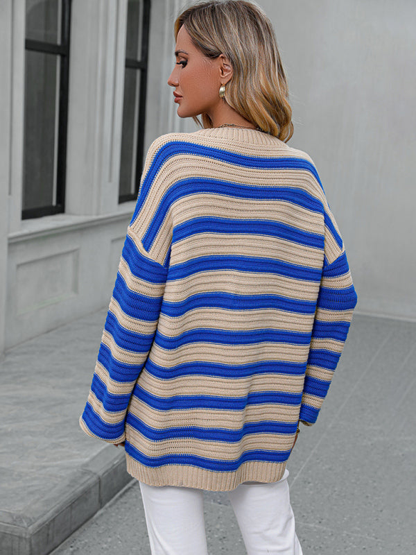 Sweaters- Stripe Knit Lantern Sleeve Oversized Sweater Jumper- - Pekosa Women Clothing