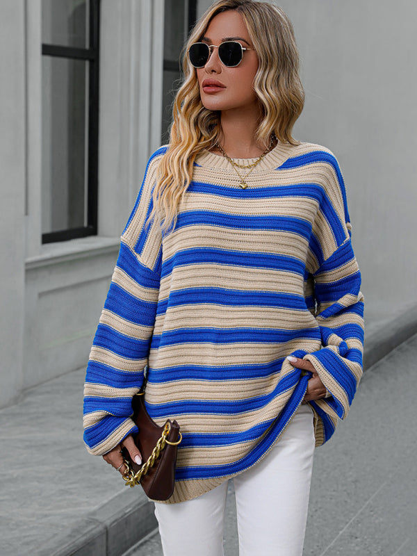 Sweaters- Stripe Knit Lantern Sleeve Oversized Sweater Jumper- - Pekosa Women Clothing