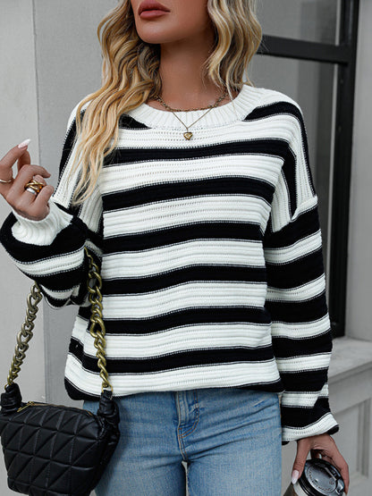 Sweaters- Stripe Knit Lantern Sleeve Oversized Sweater Jumper- White- Pekosa Women Clothing