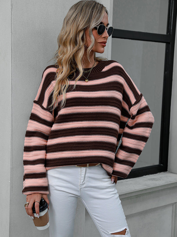 Sweaters- Stripe Knit Lantern Sleeve Oversized Sweater Jumper- - Pekosa Women Clothing