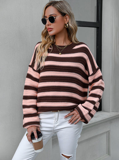 Sweaters- Stripe Knit Lantern Sleeve Oversized Sweater Jumper- - Pekosa Women Clothing