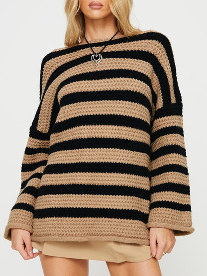 Sweaters- Stripe Knit Sweater | Winter Chunky Oversized Jumper- Khaki- Pekosa Women Clothing