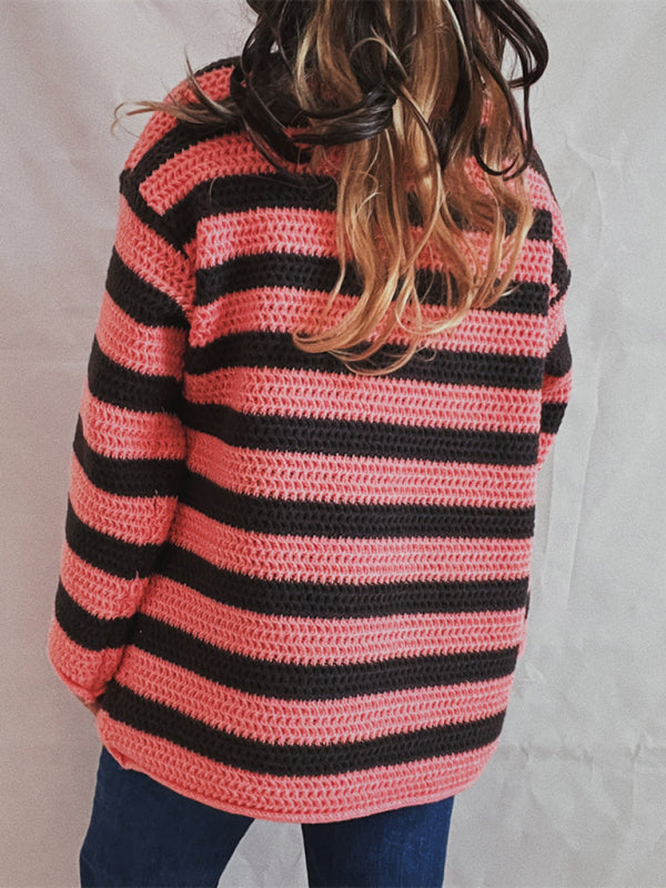 Sweaters- Stripe Knit Sweater | Winter Chunky Oversized Jumper- - Pekosa Women Clothing