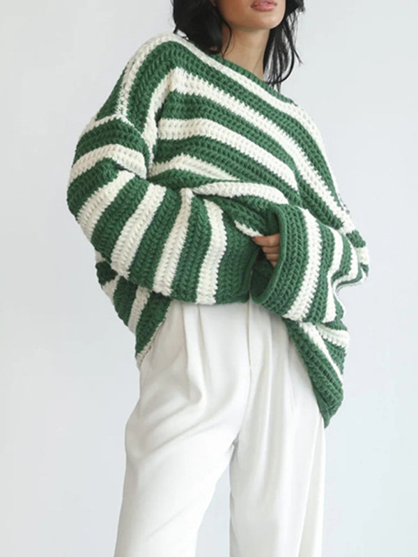 Sweaters- Stripe Knit Sweater | Winter Chunky Oversized Jumper- - Pekosa Women Clothing