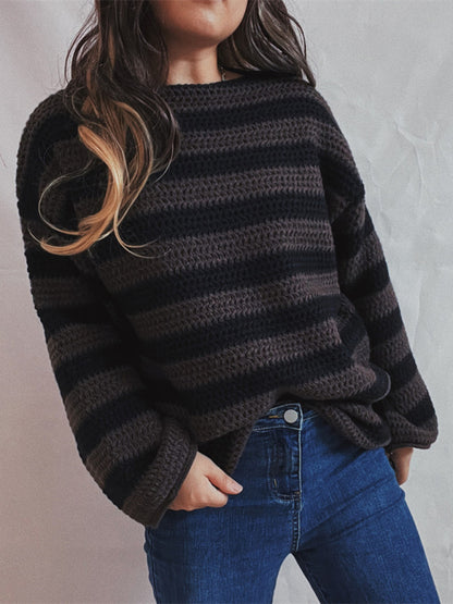 Sweaters- Stripe Knit Sweater | Winter Chunky Oversized Jumper- - Pekosa Women Clothing