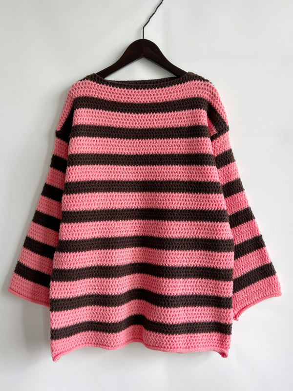 Sweaters- Stripe Knit Sweater | Winter Chunky Oversized Jumper- - Pekosa Women Clothing