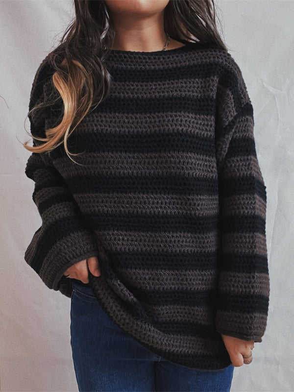 Sweaters- Stripe Knit Sweater | Winter Chunky Oversized Jumper- - Pekosa Women Clothing