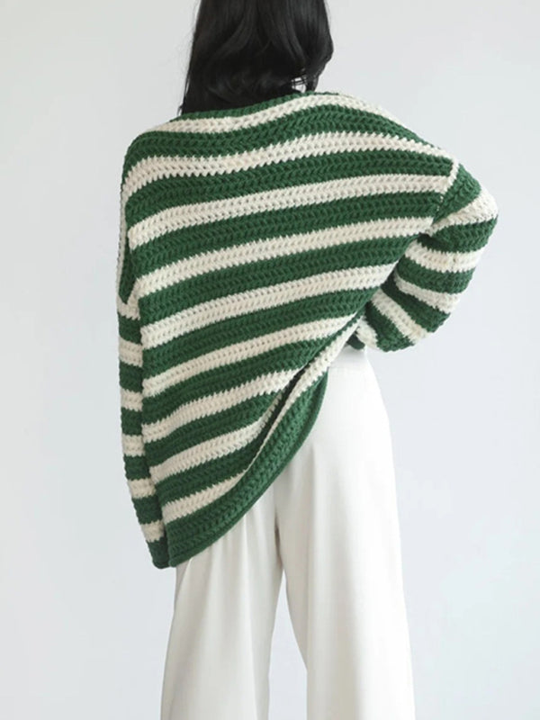 Sweaters- Stripe Knit Sweater | Winter Chunky Oversized Jumper- - Pekosa Women Clothing