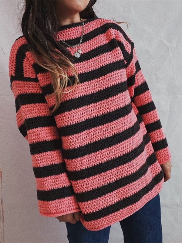 Sweaters- Stripe Knit Sweater | Winter Chunky Oversized Jumper- - Pekosa Women Clothing