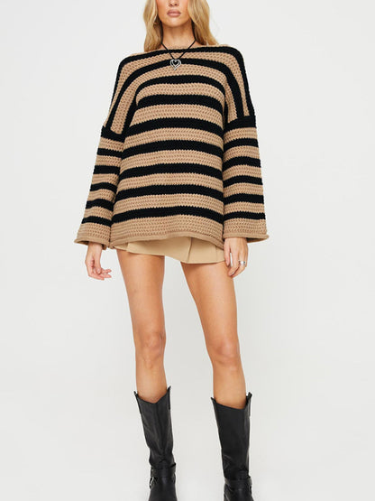 Sweaters- Stripe Knit Sweater | Winter Chunky Oversized Jumper- - Pekosa Women Clothing