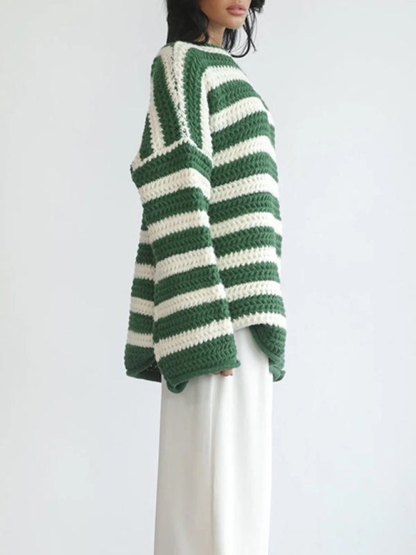 Sweaters- Stripe Knit Sweater | Winter Chunky Oversized Jumper- - Pekosa Women Clothing