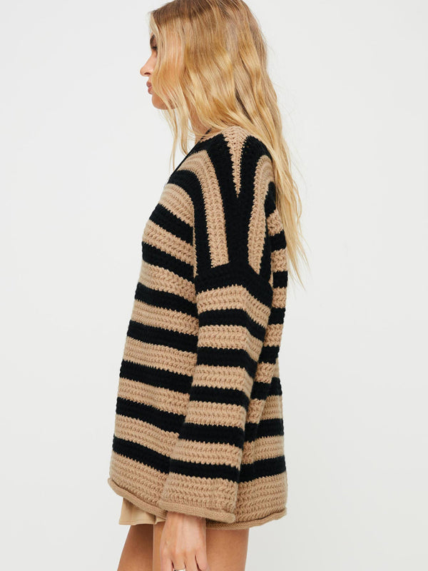 Sweaters- Stripe Knit Sweater | Winter Chunky Oversized Jumper- - Pekosa Women Clothing