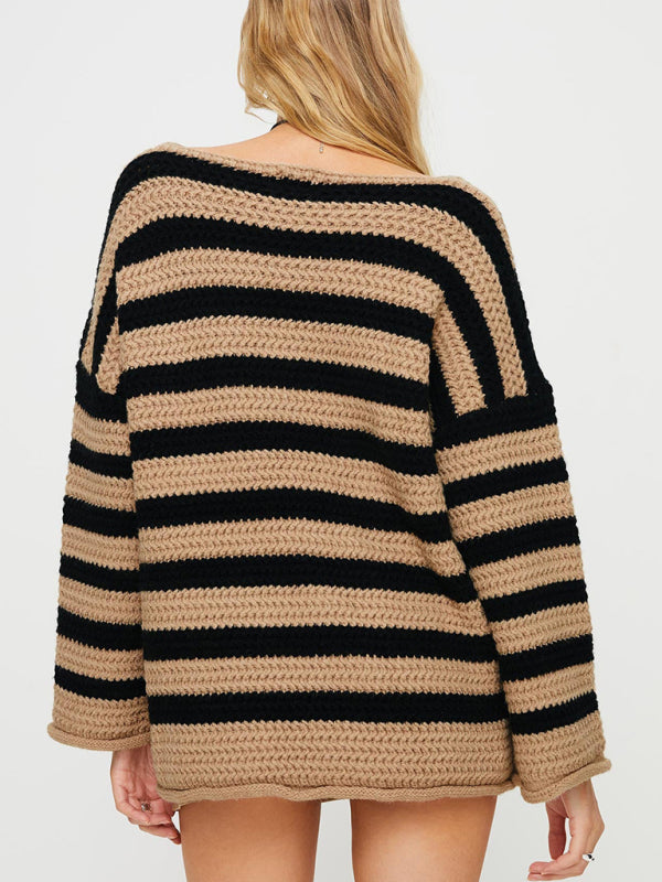 Sweaters- Stripe Knit Sweater | Winter Chunky Oversized Jumper- - Pekosa Women Clothing