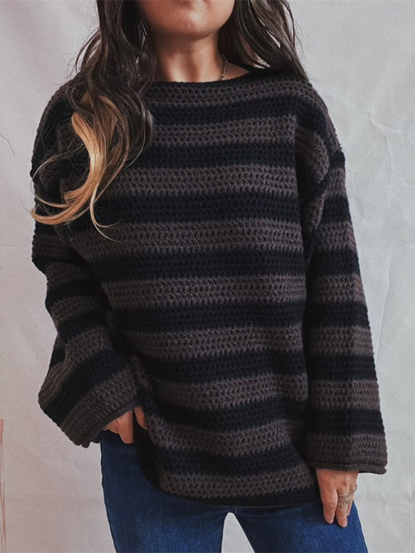 Sweaters- Stripe Knit Sweater | Winter Chunky Oversized Jumper- Black- Pekosa Women Clothing