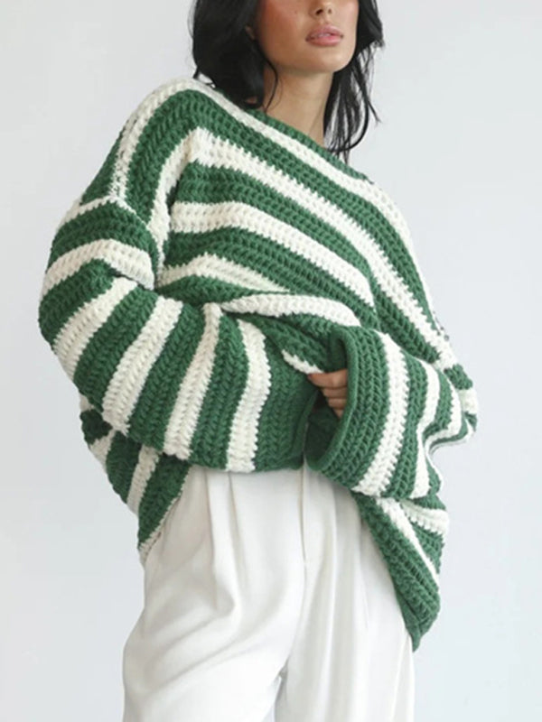 Sweaters- Stripe Knit Sweater | Winter Chunky Oversized Jumper- Green- Pekosa Women Clothing