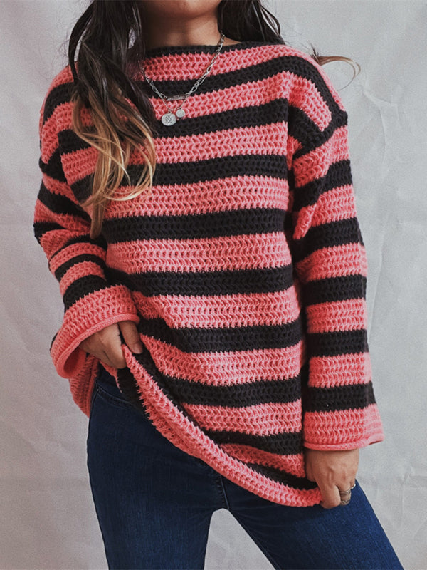 Sweaters- Stripe Knit Sweater | Winter Chunky Oversized Jumper- Pink- Pekosa Women Clothing