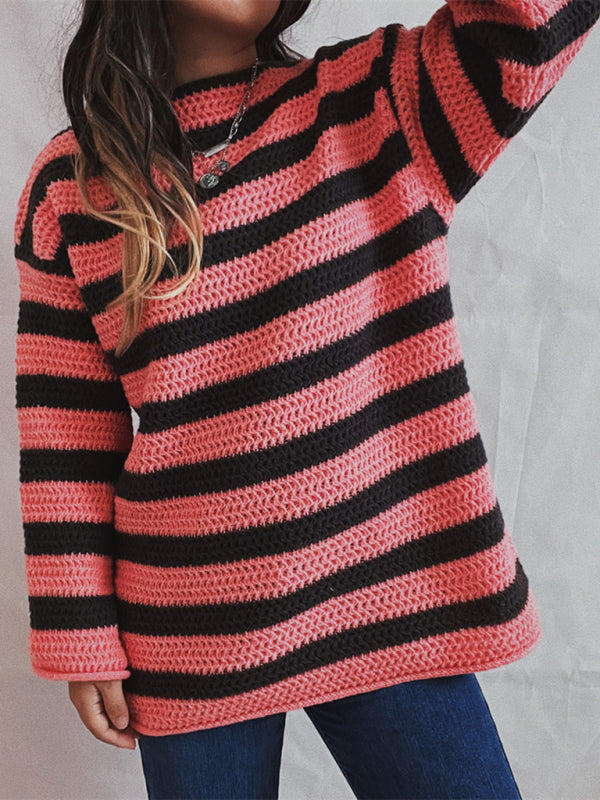 Sweaters- Stripe Knit Sweater | Winter Chunky Oversized Jumper- - Pekosa Women Clothing