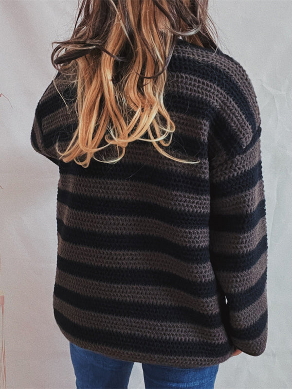 Sweaters- Stripe Knit Sweater | Winter Chunky Oversized Jumper- - Pekosa Women Clothing