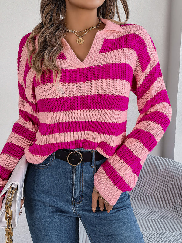 Sweaters- Stripe Knitted Drop Shoulder Shirt Sweater- Pink- Pekosa Women Clothing