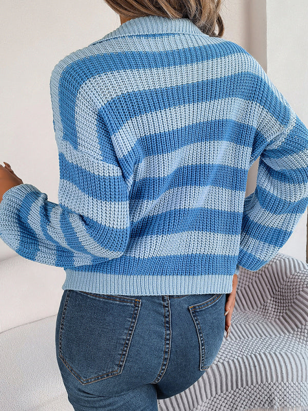 Sweaters- Stripe Knitted Drop Shoulder Shirt Sweater- - Pekosa Women Clothing