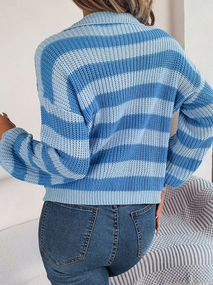 Sweaters- Stripe Knitted Drop Shoulder Shirt Sweater- - Pekosa Women Clothing