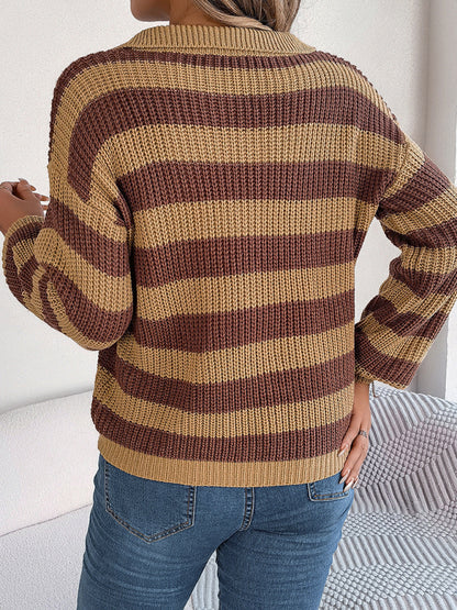 Sweaters- Stripe Knitted Drop Shoulder Shirt Sweater- - Pekosa Women Clothing