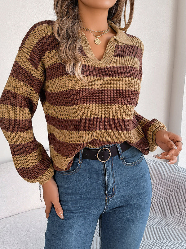 Sweaters- Stripe Knitted Drop Shoulder Shirt Sweater- - Pekosa Women Clothing