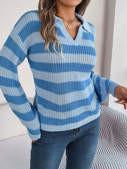 Sweaters- Stripe Knitted Drop Shoulder Shirt Sweater- - Pekosa Women Clothing