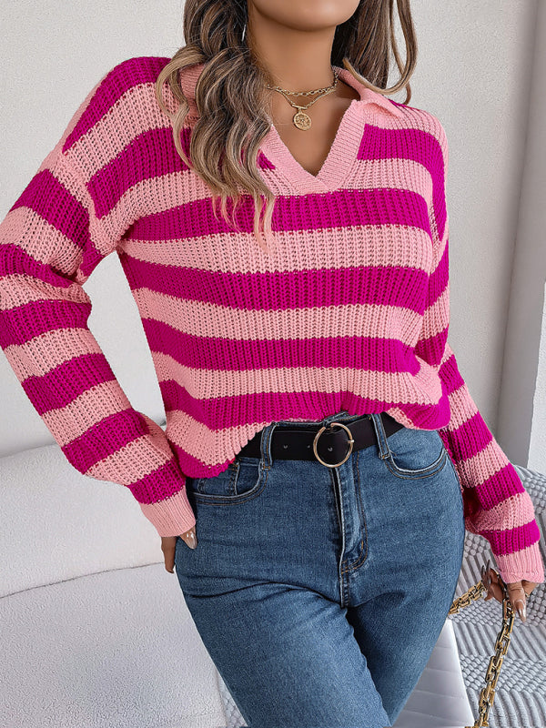 Sweaters- Stripe Knitted Drop Shoulder Shirt Sweater- - Pekosa Women Clothing