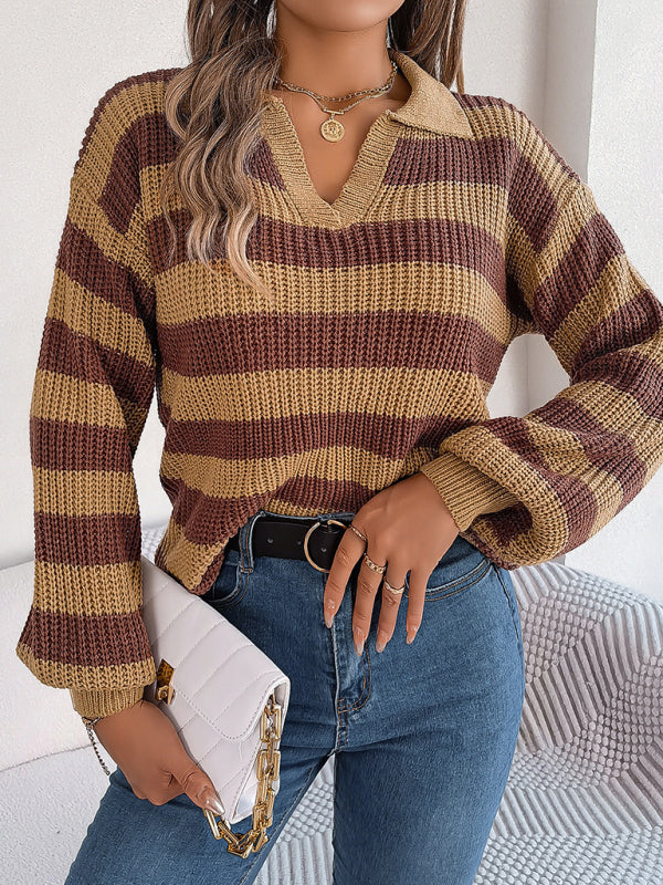 Sweaters- Stripe Knitted Drop Shoulder Shirt Sweater- Khaki- Pekosa Women Clothing