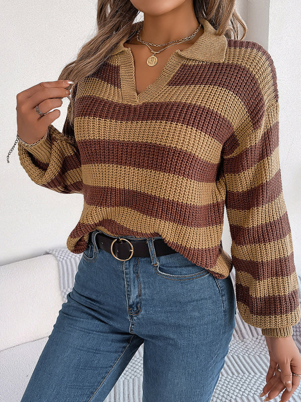 Sweaters- Stripe Knitted Drop Shoulder Shirt Sweater- - Pekosa Women Clothing