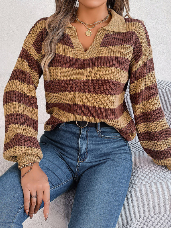 Sweaters- Stripe Knitted Drop Shoulder Shirt Sweater- - Pekosa Women Clothing