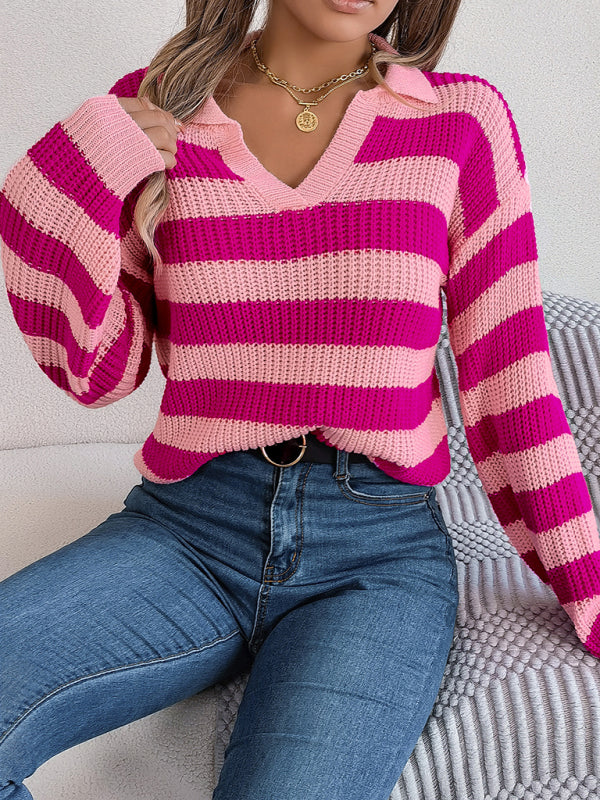 Sweaters- Stripe Knitted Drop Shoulder Shirt Sweater- - Pekosa Women Clothing