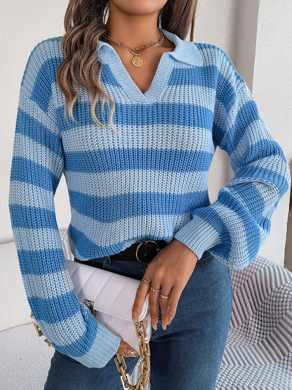 Sweaters- Stripe Knitted Drop Shoulder Shirt Sweater- Blue- Pekosa Women Clothing