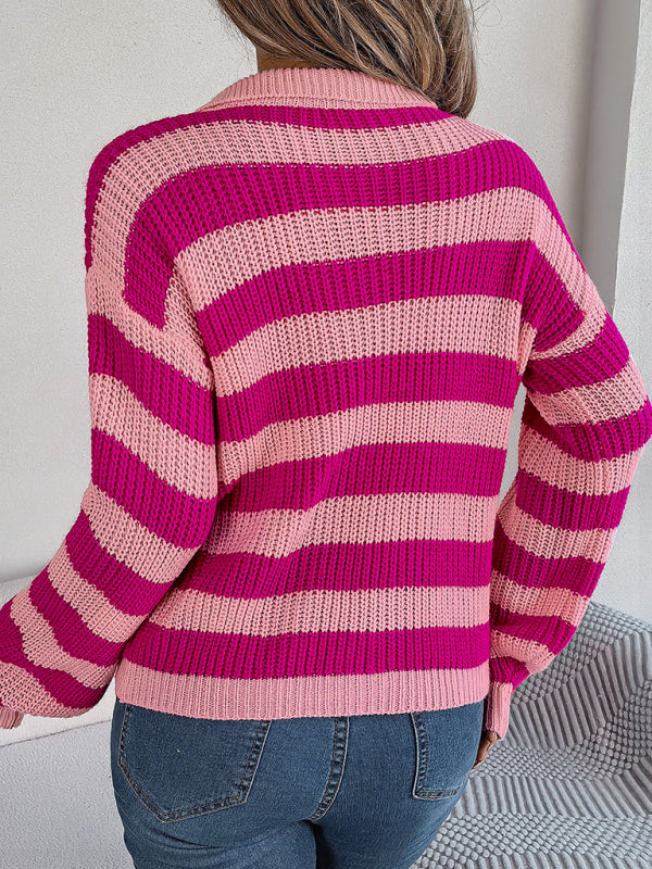 Sweaters- Stripe Knitted Drop Shoulder Shirt Sweater- - Pekosa Women Clothing