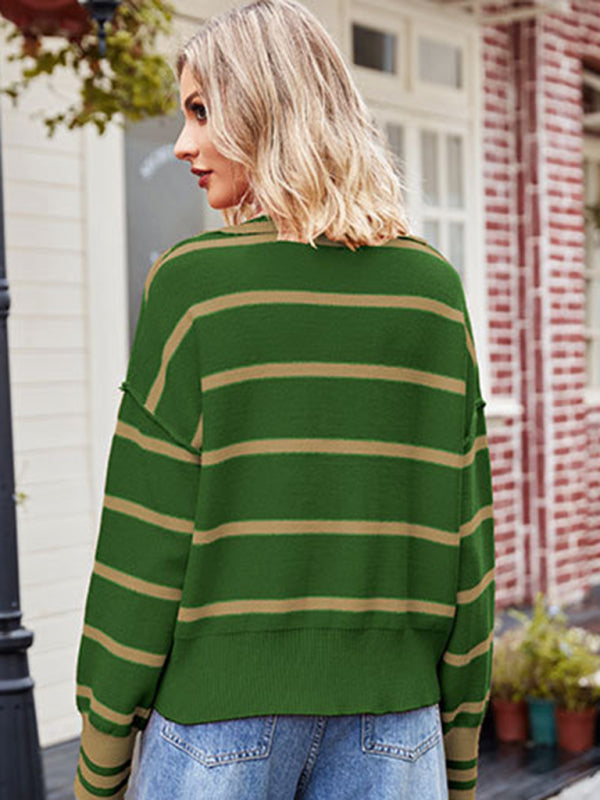 Sweaters- Stripe Knitted Patched Seams Turn-Down Collar Oversized Sweater- - Pekosa Women Clothing