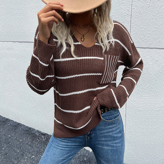 Sweaters- Stripe V Neck Textured Sweater with Pocket - Women's Knit Top- Coffee- Pekosa Women Clothing