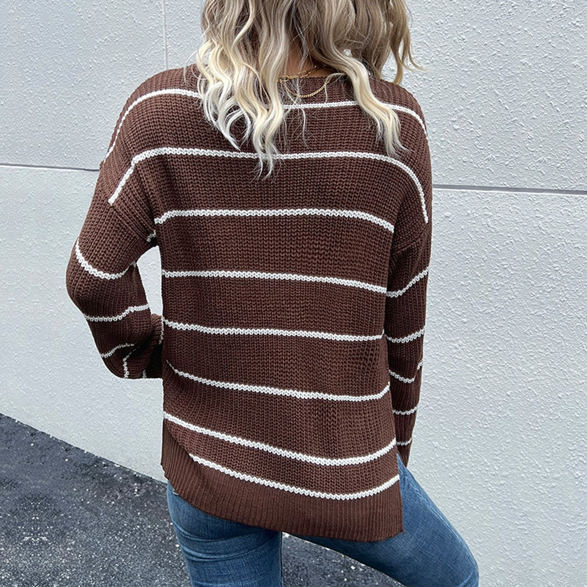 Sweaters- Stripe V Neck Textured Sweater with Pocket - Women's Knit Top- - Pekosa Women Clothing