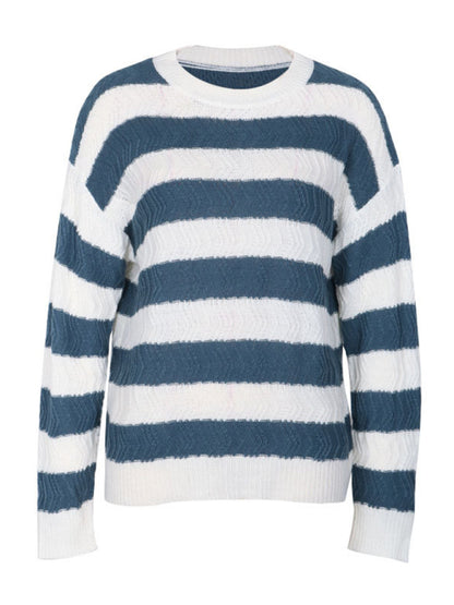 Sweaters- Striped Chevron Knit Sweater with Drop Shoulder- - Pekosa Women Clothing