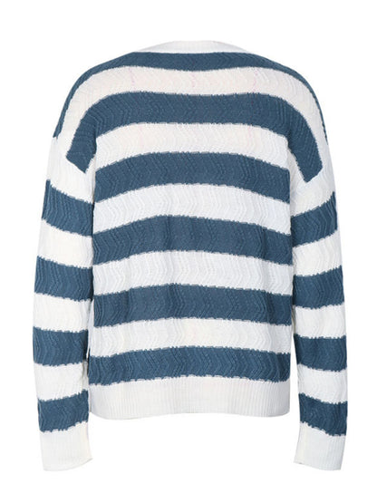 Sweaters- Striped Chevron Knit Sweater with Drop Shoulder- - Pekosa Women Clothing